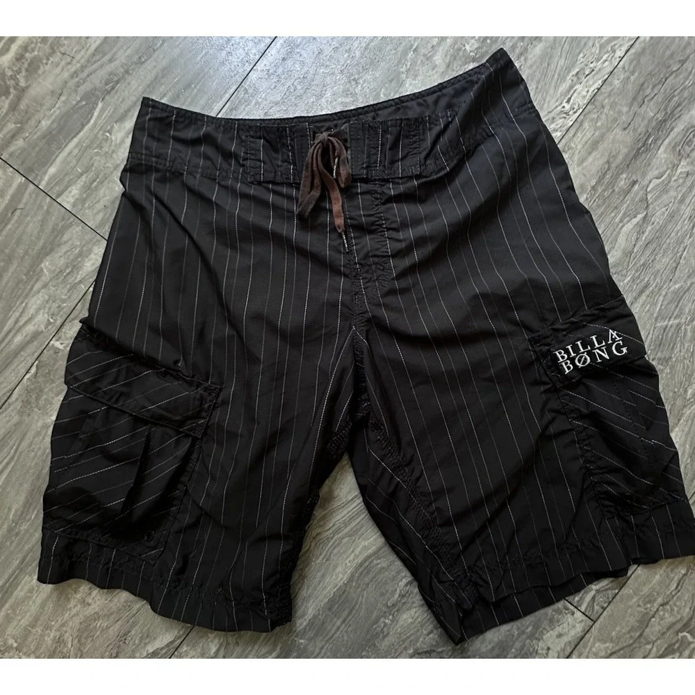 VTG  Billabong Board Shorts Mens 32 Pinstripe Surf Swim Trunks Y2K Embroidered